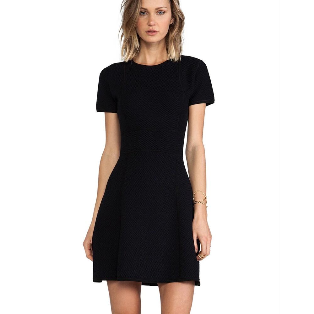 Theory Alancy Mega Waffle Knit Short Sleeve Fit and Flare Mini Dress Black  S